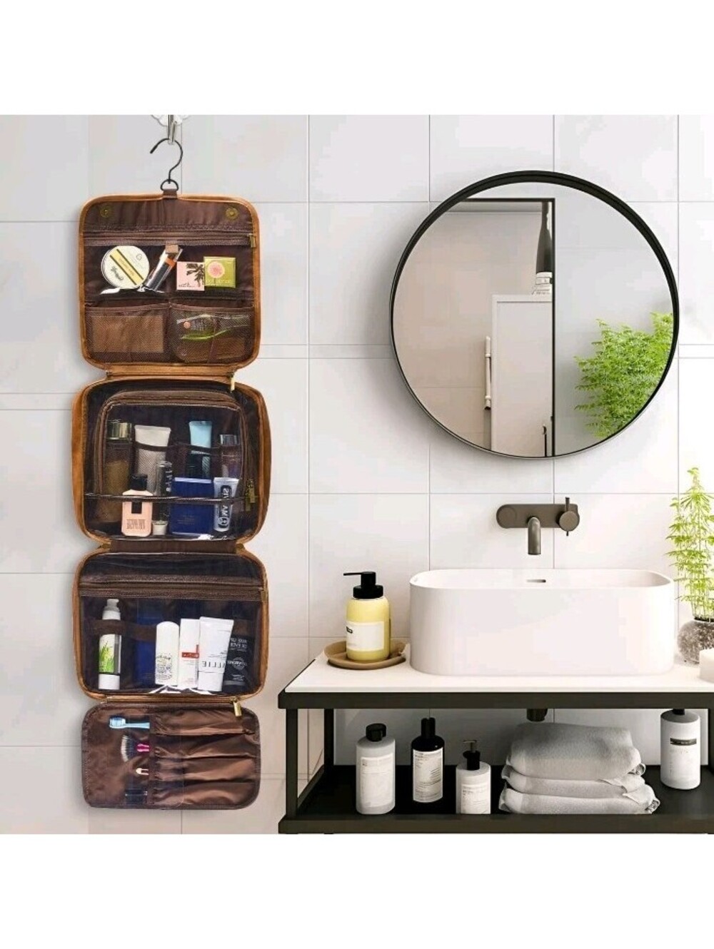 Hanging Toiletry Bag For Men, Large Capacity Travel Kit, PU Leather, Letter A